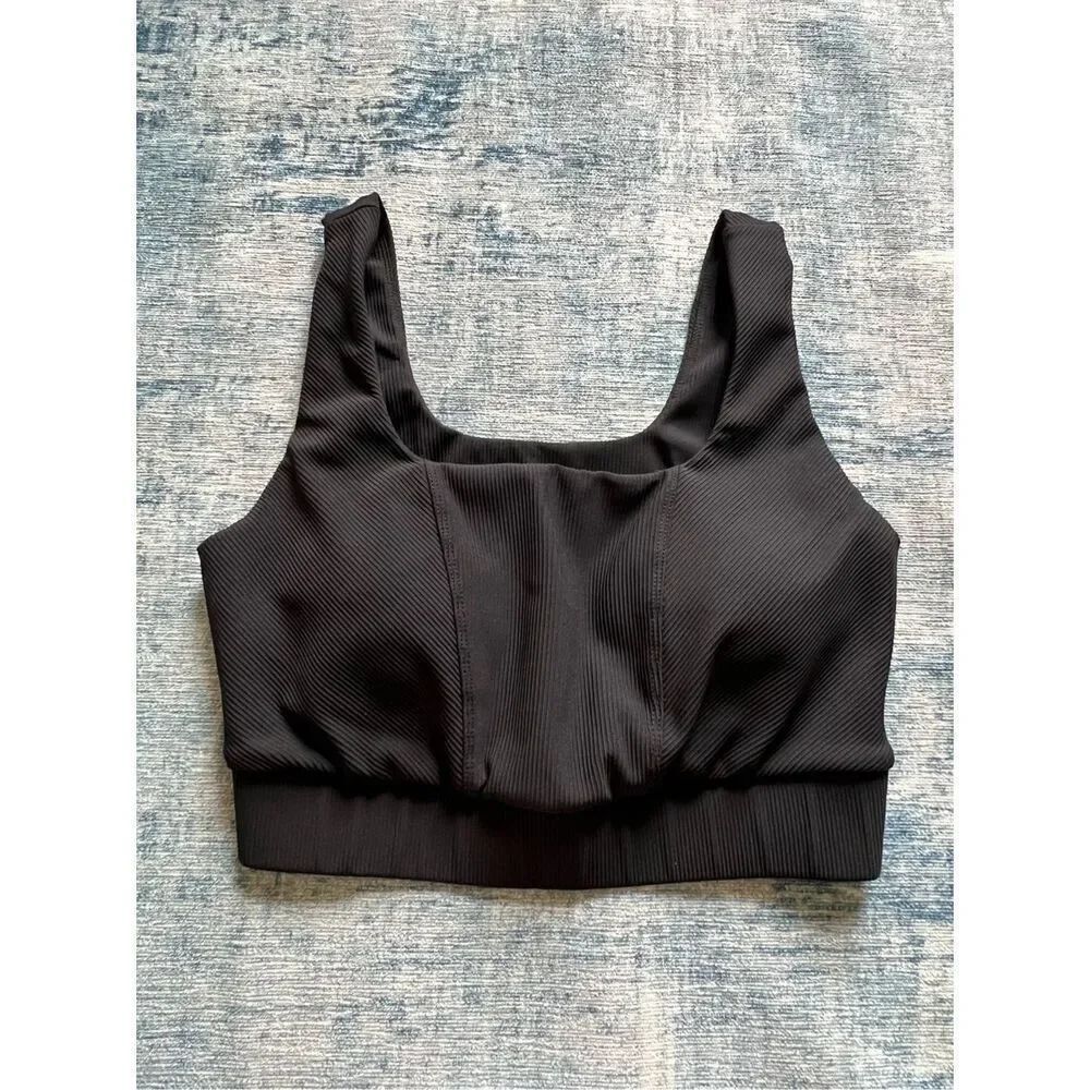 Rae Mode Black Ribbed Knit Cross Court Sports Bra Medium